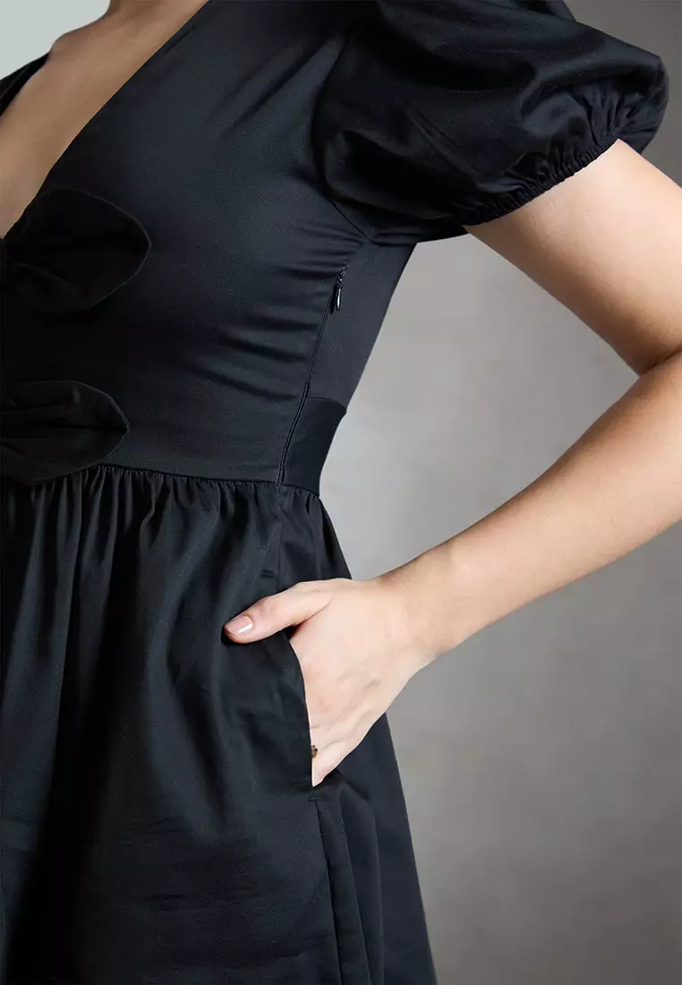 VIRGIO Cotton Stretch Black Mini Bow Dress