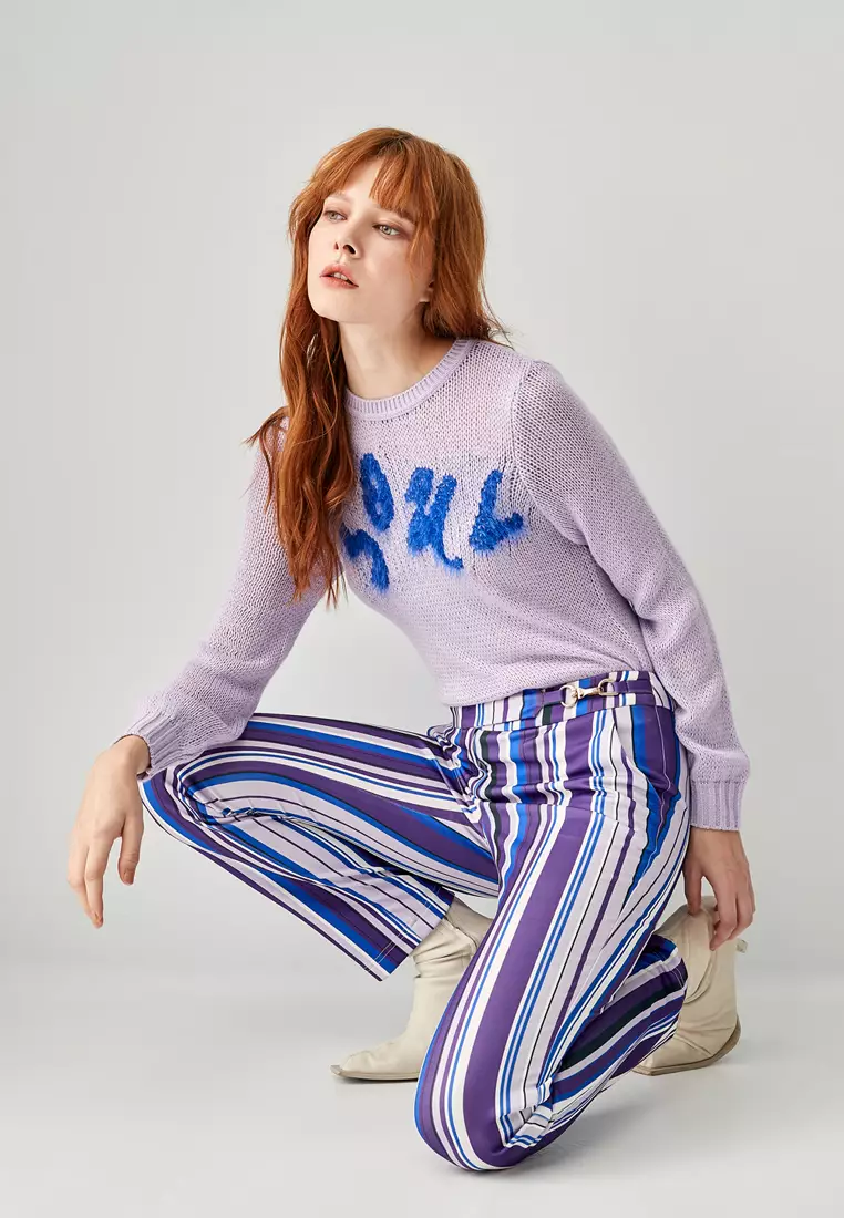 Purple striped trousers outlet