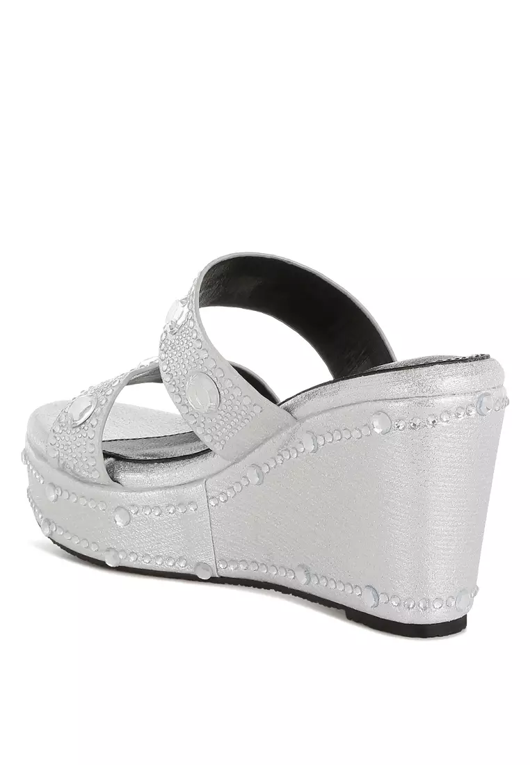 Rhinestone & Diamante Wedge Sandals in Silver