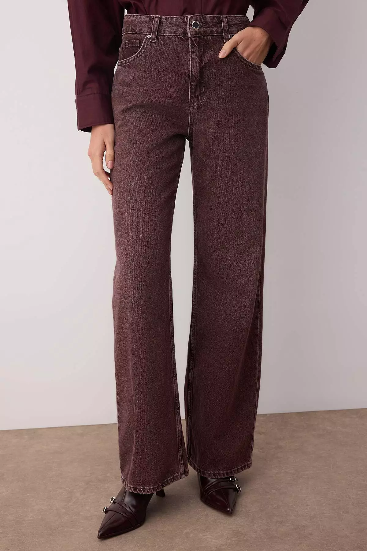 Burgundy High Waist Vintage Wash Custom Color Denim Wide Leg Jeans