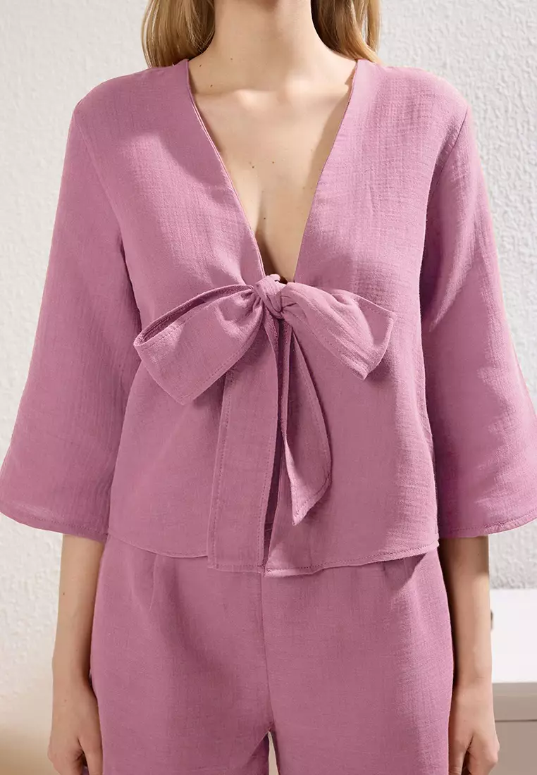 Pink 100% Cotton Tie/Ribbon/Bow Detailed Muslin Shorts and Woven Pajama Set THMSS24PT00077