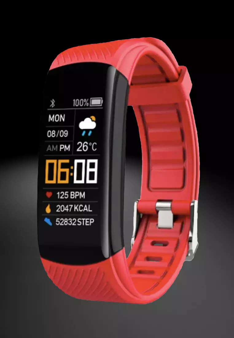 Unisex IOS/Android IP Black Waterproof Fitness SmartWatch, Heart Rate Monitoring, Weather, Clock, with Red Rubber Strap