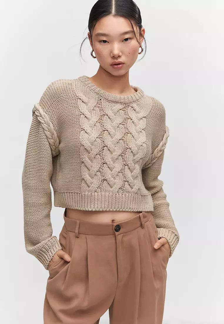 Cable-knit sweater with contrasting trim