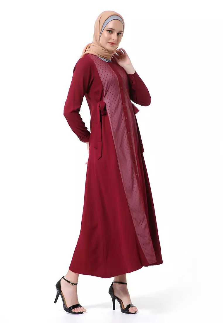 Dilla Long Dress Muslimah Lengan Panjang Relaxed Fit High Quality Premium - Maroon Mix Taupe