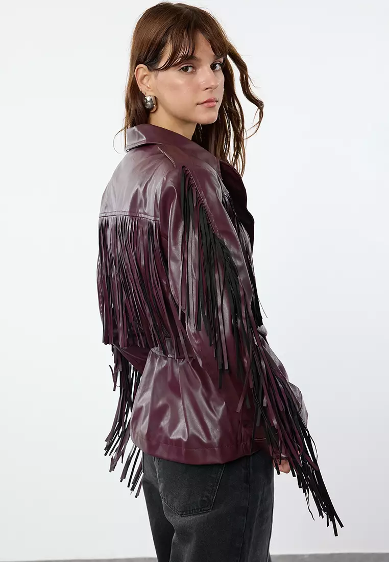 Faux Leather Belted Jacket with Tassel Detail