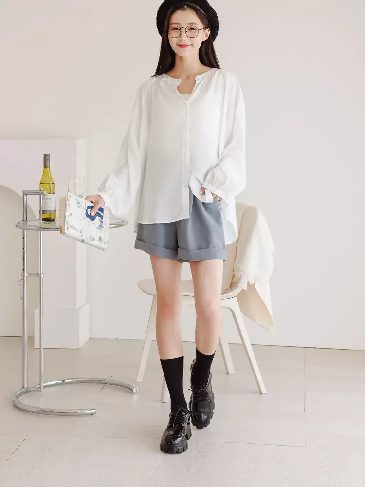 Drop Shoulder Ruched Puff Sleeve Open-Front Shirt [AB19026]