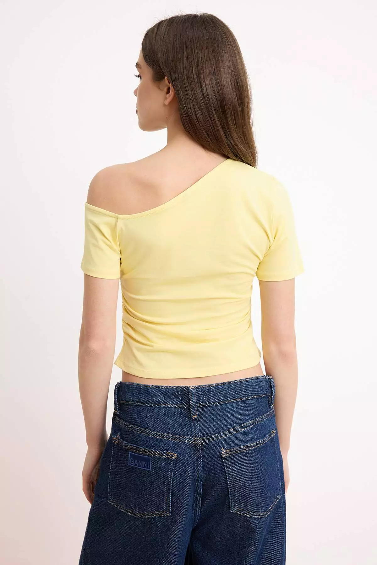 Light Yellow Shirred Asymmetric Neckline Stretchy Knitted Blouse Twoss24Bz73