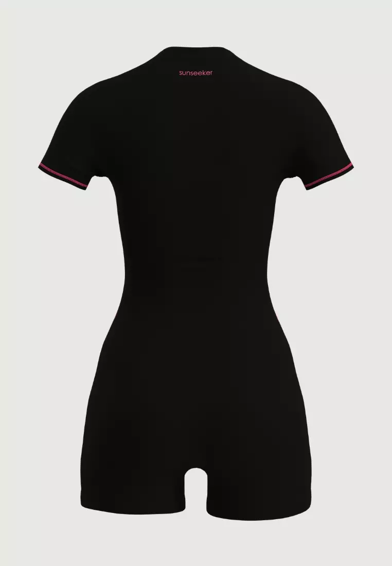 Sports Solid Black Zip Front Short Sleeves Bodysuit