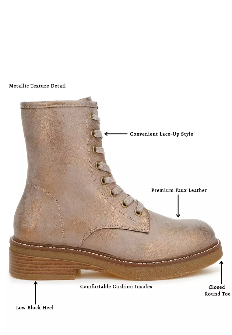 Metallic Texture Lace Up Boots in Tan