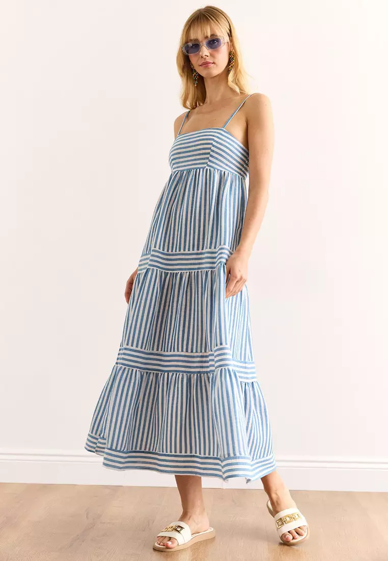 Strap Adjustable Pocket Striped Maxi Dress