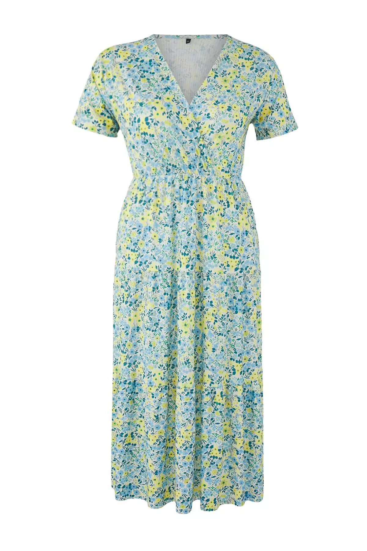 Yellow Floral Printed Double Breasted Stretchy Skater/Waist Cut Midi Knitted Dress Tbbss25Ah00243