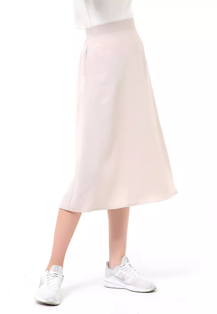 Trisha Rok Midi Wanita Model A-Line Simple Palin Motive Material Crepe ORIGINAL - Beige