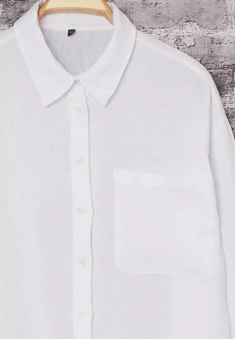 White 100% Linen Summer Large Size Shirt Tbbss25Ax00021