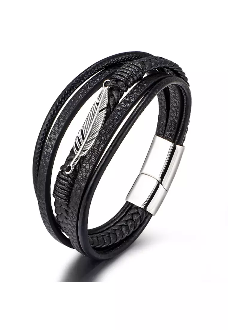 Dragon Clasp Stainless Steel Leather Bracelet, Black / A / 18.5 cm