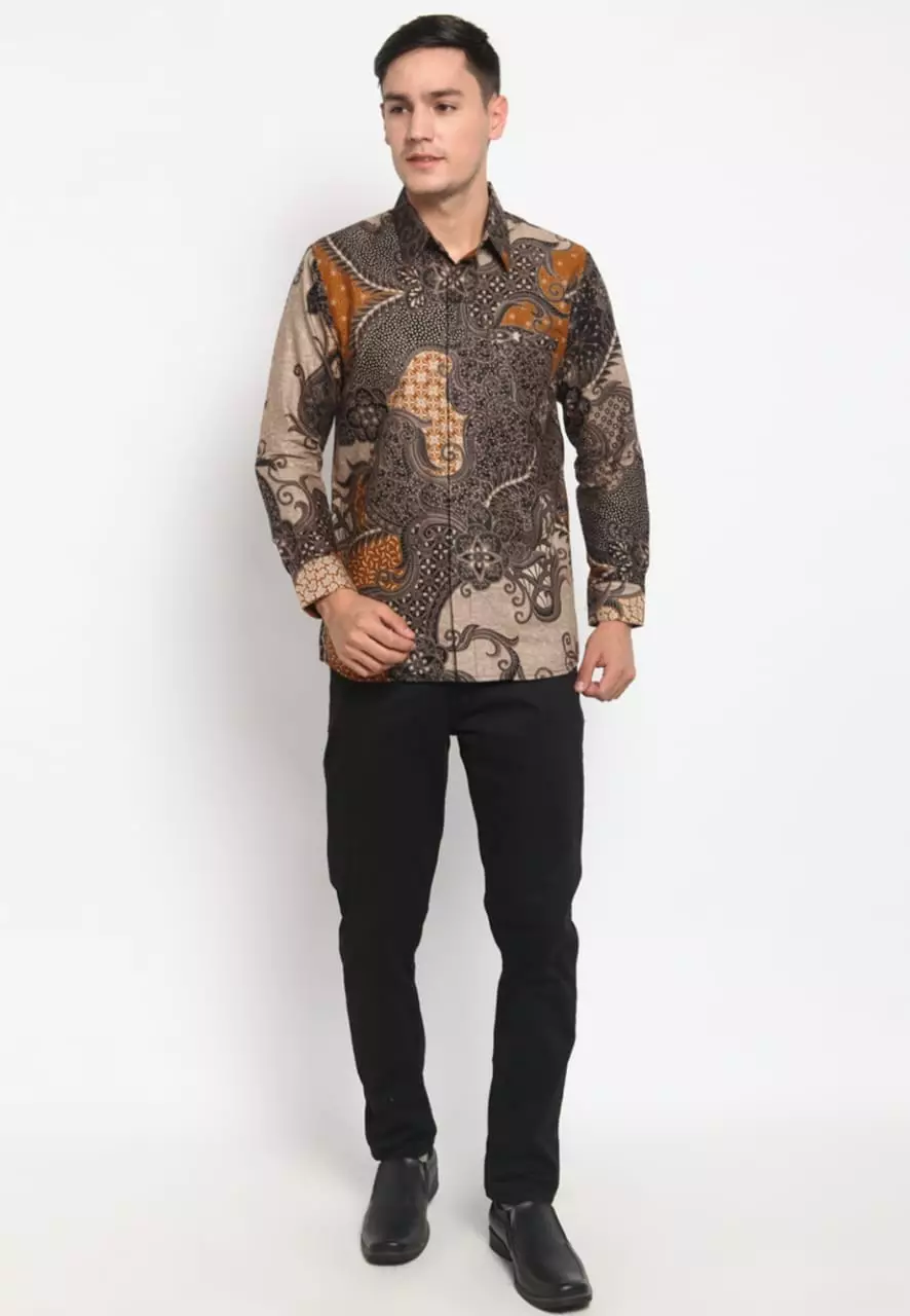 Kemeja Batik Pria Premium Slimfit Elegant Modern Lengan Panjang Trijata Oranye