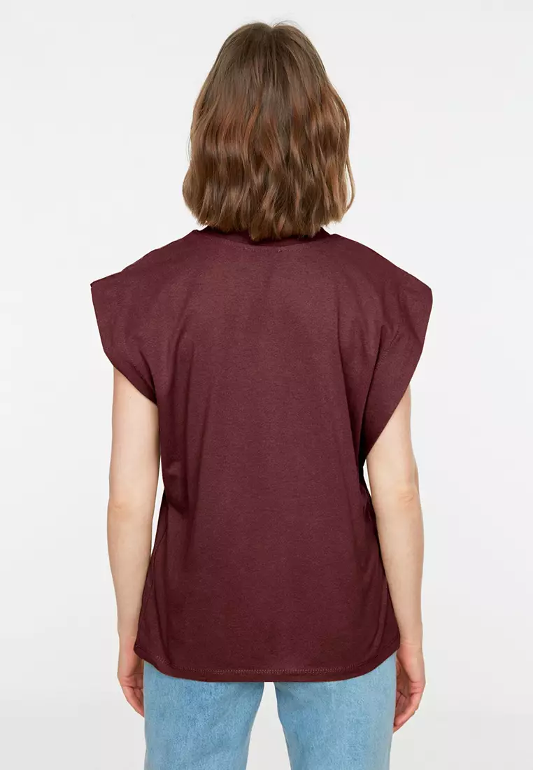 Claret Red 100% Cotton Padded Look Basic Crew Neck Knitted T-Shirt TWOSS20TS0021