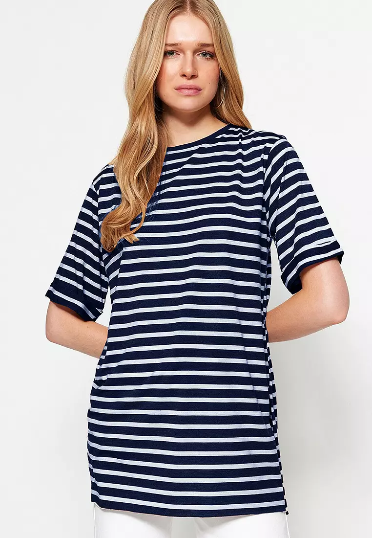 Navy Blue Striped Slit Detail Oversize/Wide Pattern Crew Neck Knitted T-Shirt