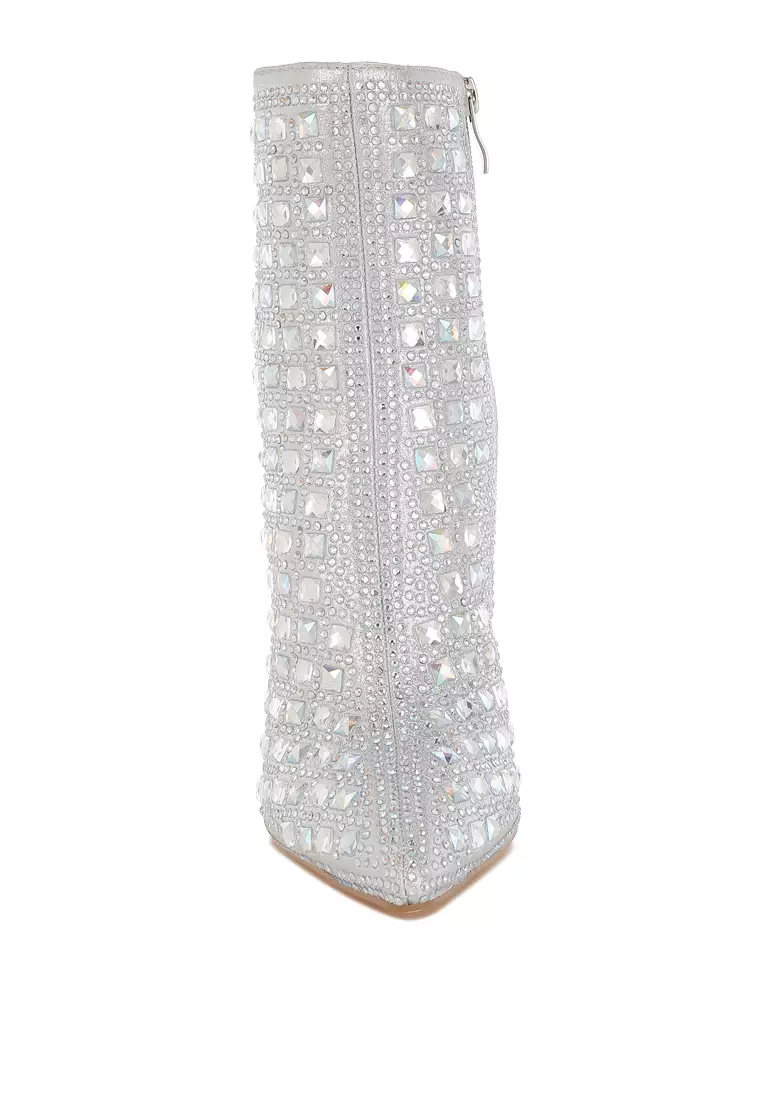 Pointed Toe Rhinestones Stiletto Boots in Silver