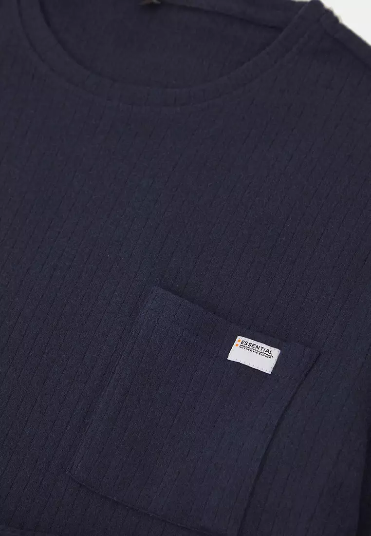 Navy Blue Regular Fit Pocket Label Detailed Soft Touch Knitted Pajama Set