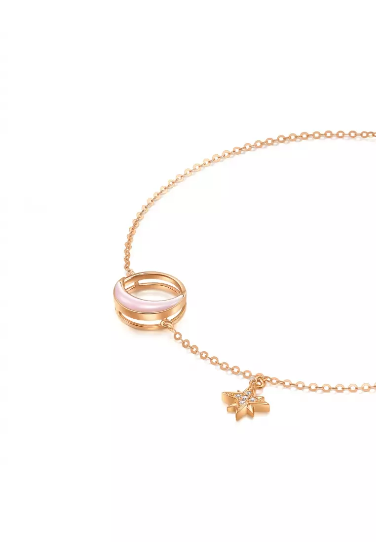 Delicate Gold 18K Rose Solid Gold Crescent Moon, Star, Mother of Pearl Bracelet for Women 93316B