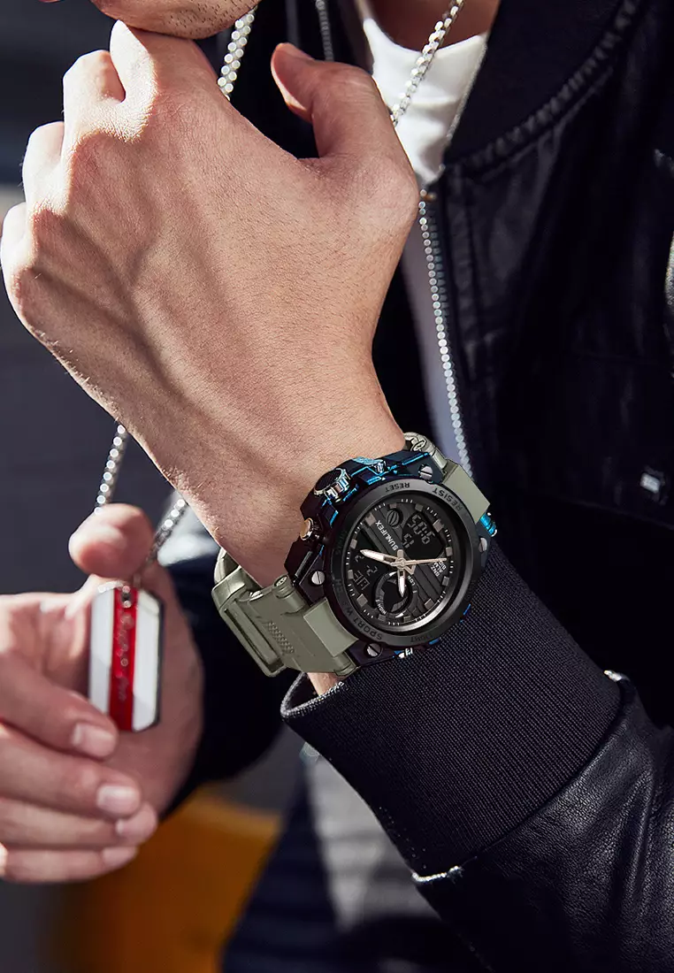 Jam Tangan Pria Analog&Digital Tali Silicone Original Luminous Display Anti Air Jam Tangan Cowok KHAKIBLACK