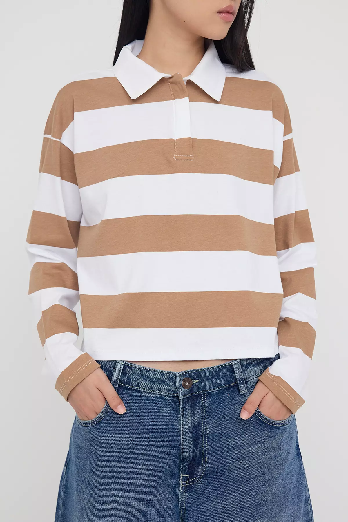 Teen Mink Striped Polo Neck Relaxed Crop/Comfortable Short Knit T-Shirt Twoaw26Ts00011