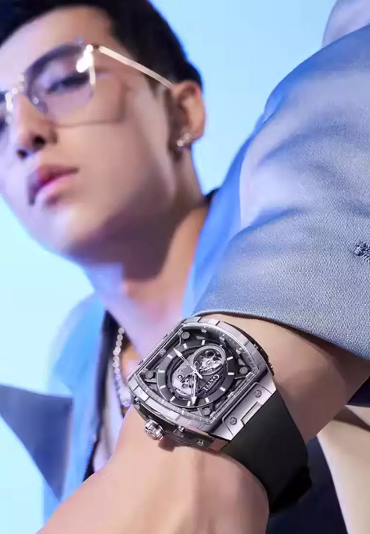 Automatic Unisex Stainless Steel Watch, Rubber Strap