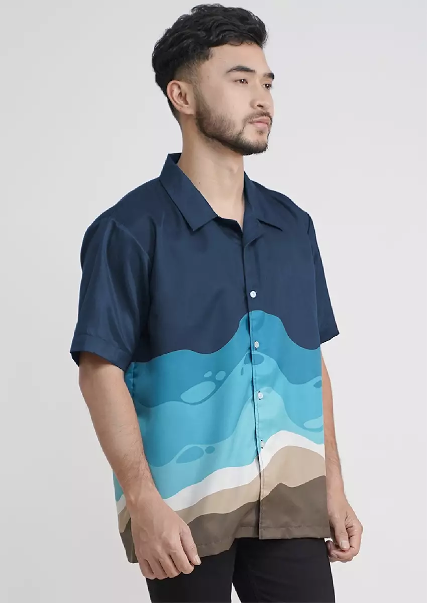 Tiento Kemeja Pakaian Pria Baju Kasual Atasan Lengan Pendek Motif Nature Skala