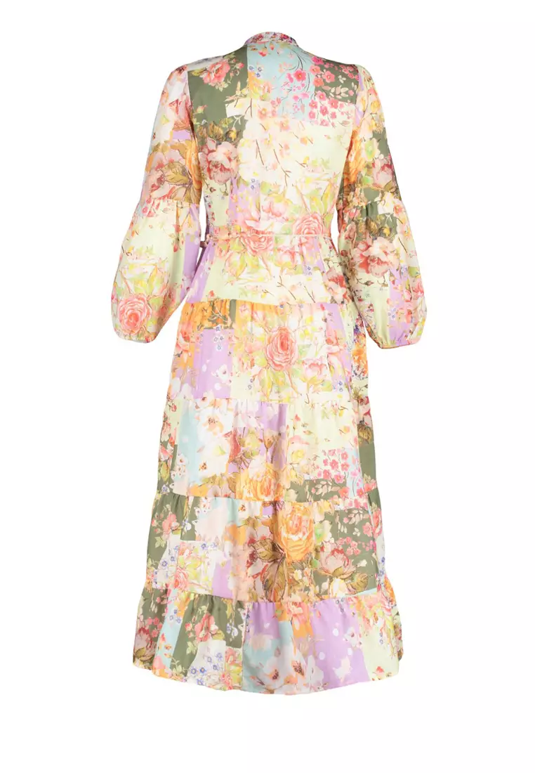 Multicolored Floral Patterned Linen Look Woven Dress with Belt Detail TCTSS24EB00042
