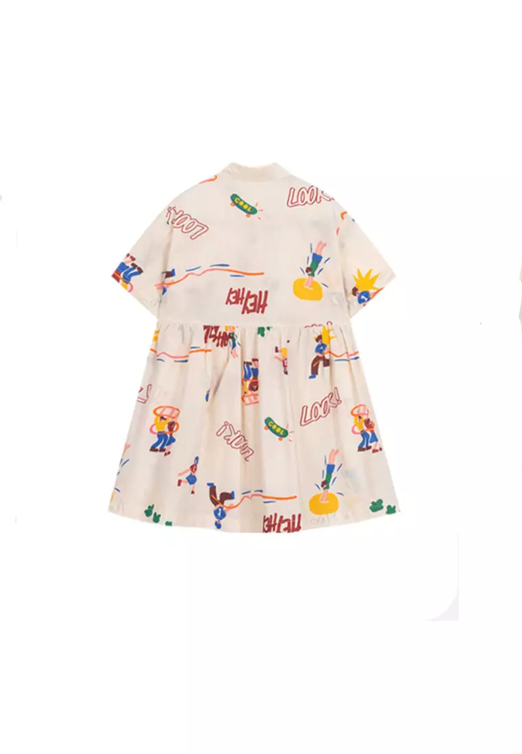 女大童短袖连衣裙趣味圆领满底印花衬衫裙