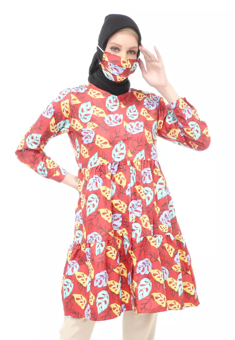 Sania Tunik Muslimah Atasan Wanita Long Sleeve Free Face Mask Premium Quality - 10 Maroon