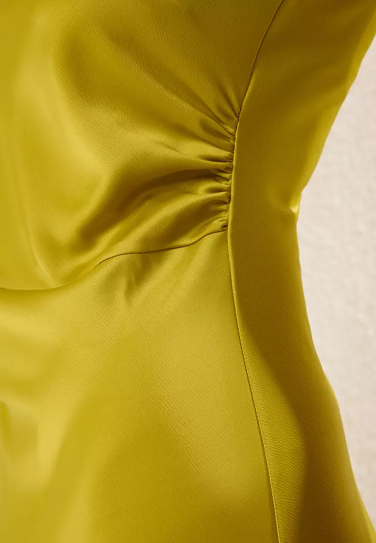 Oil Green Fitted Satin Woven Maxi Evening Prom Dress TPRSS25AE00066