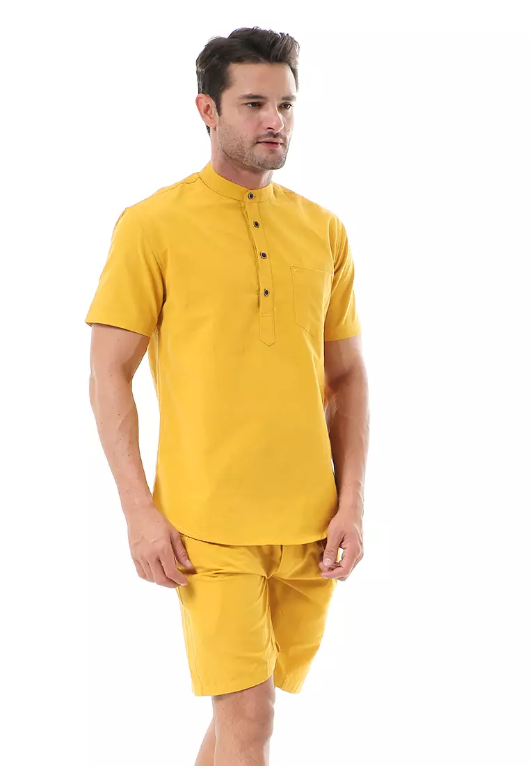 Vincent Kurta Set Pendek Motif Polos Setelan Pria Short Sleeve Material Cotton ORIGINAL - Mustard