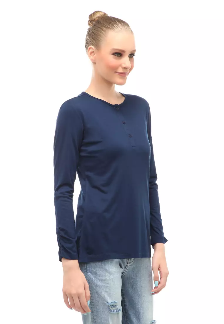 Kaos Wanita Lengan Serut Motif Solid Design Simple Relaxed Fit - Navy