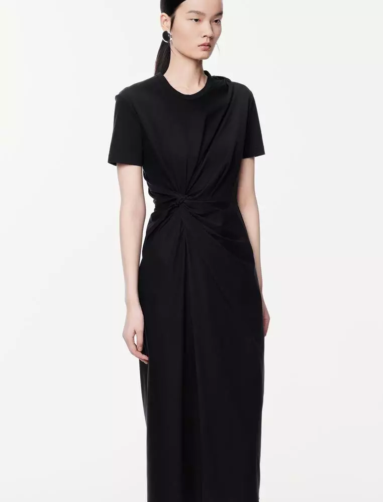 Pinch Pleat Long Short Sleeve Dress