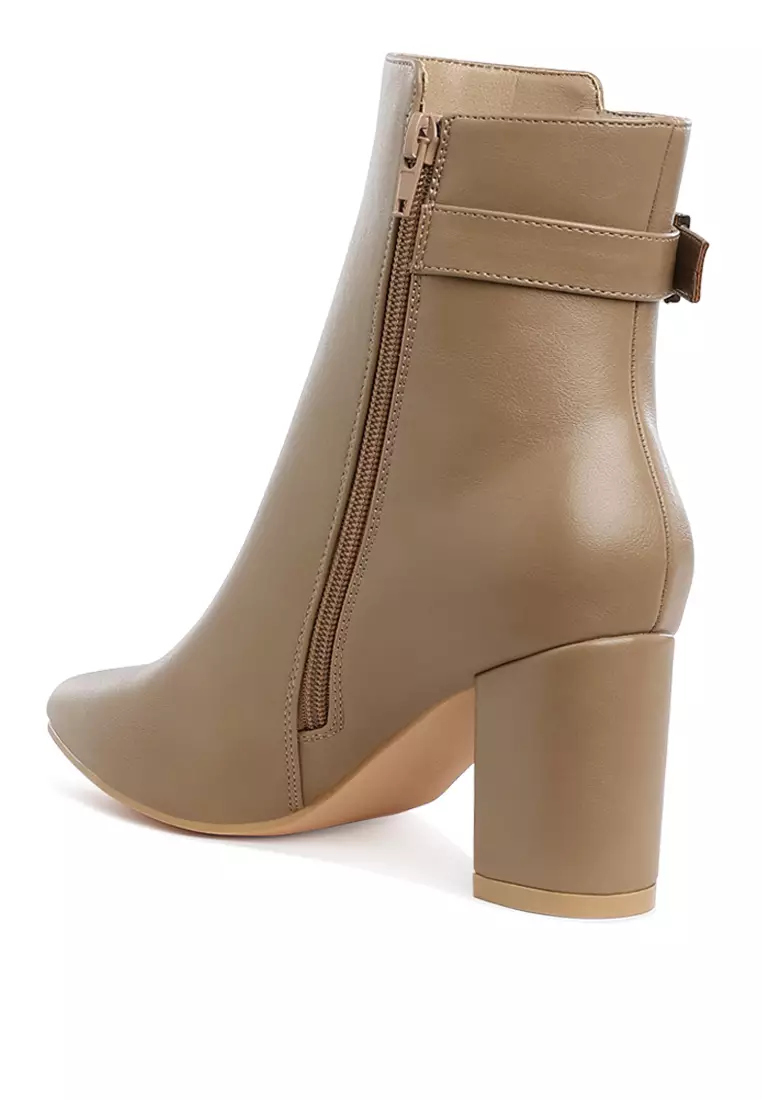 Belt Detail Block Heel Boots in Taupe