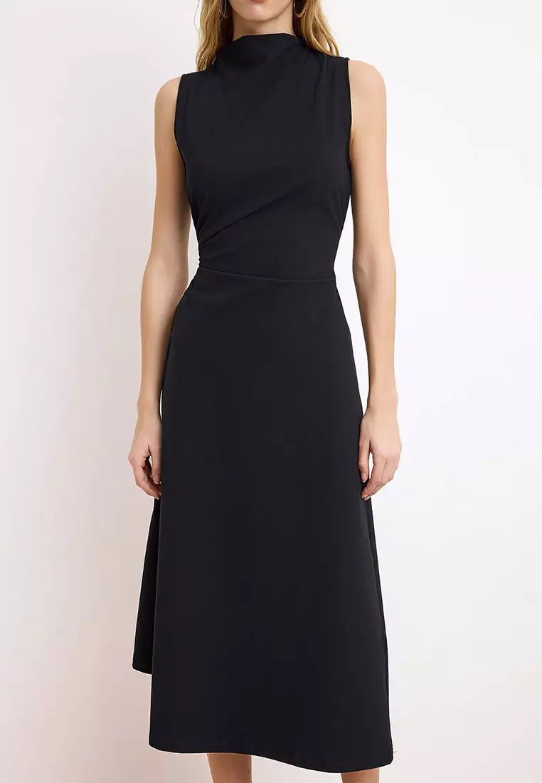 Black A-Line/Bell Form Asymmetrical Sleeveless Shirred Midi Paper Touch Knitted Dress Twoss26El156