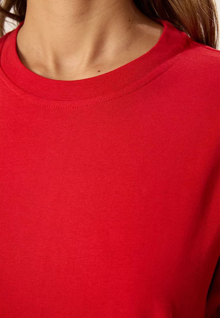 Red Stitch Detail Relaxed/Comfortable Pattern Knitted T-Shirt