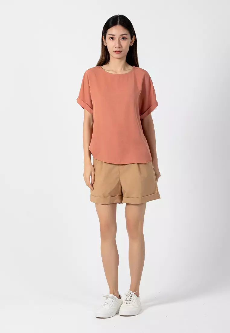 Forest Ladies Rayon Lyocell Casual Plain Blouse Women Short Sleeve Blouse - 822416-68Coral