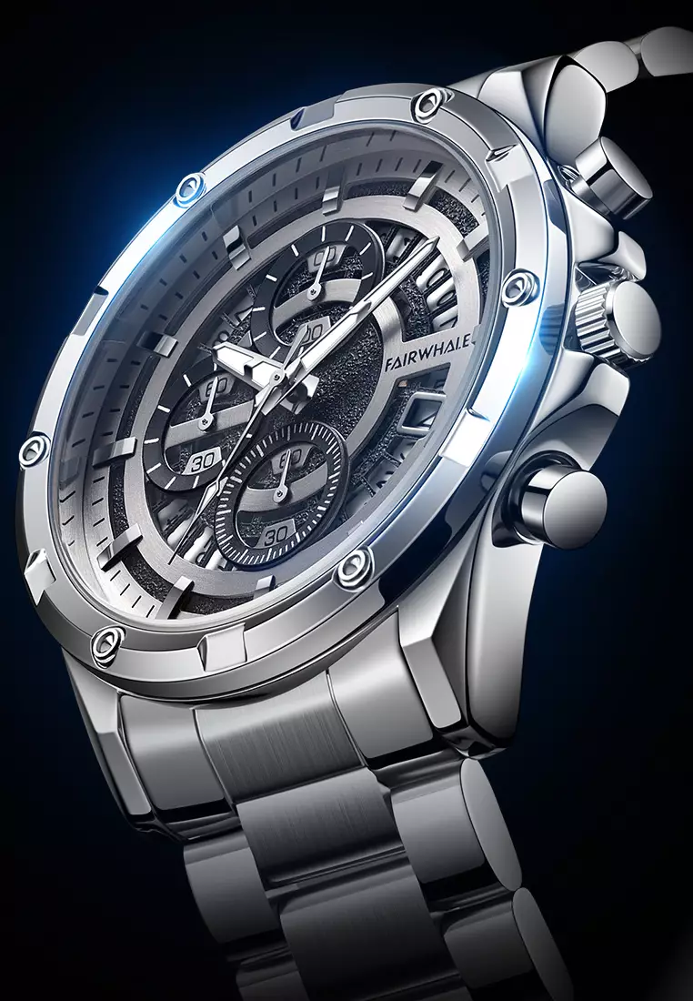 Unisex Stainless Steel Quartz Chronograph Watch, Black Dial, 42mm, Stainless Steel Bracelet