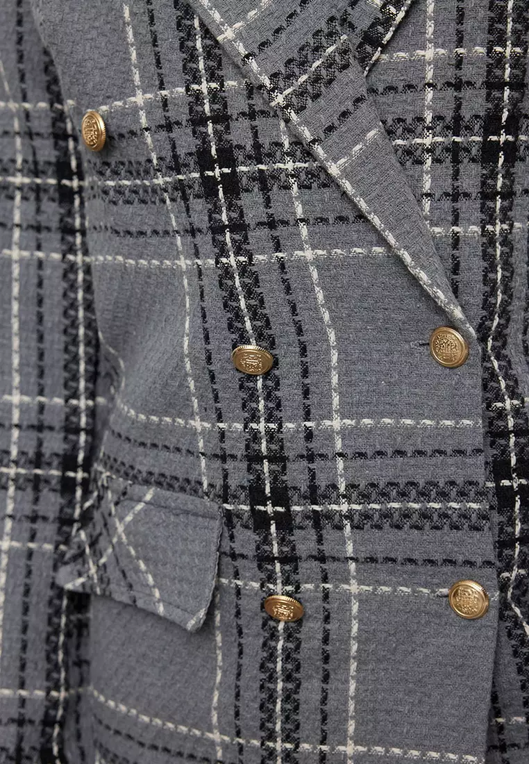 Gray Plaid / Checkered Woven Winter Jacket Dress TWOAW23EL00475