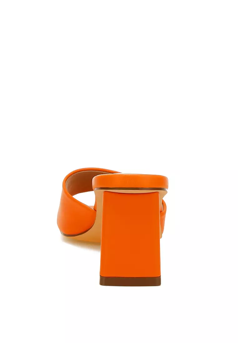 Faux Leather Block Heel Sandals in Orange