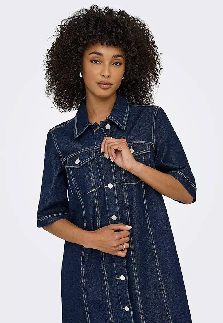 Short Sleeves Button Denim Dress