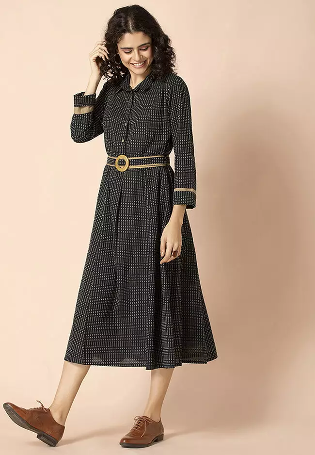 Earthen by Indya:Â Black Collared Belted A-Line Dress