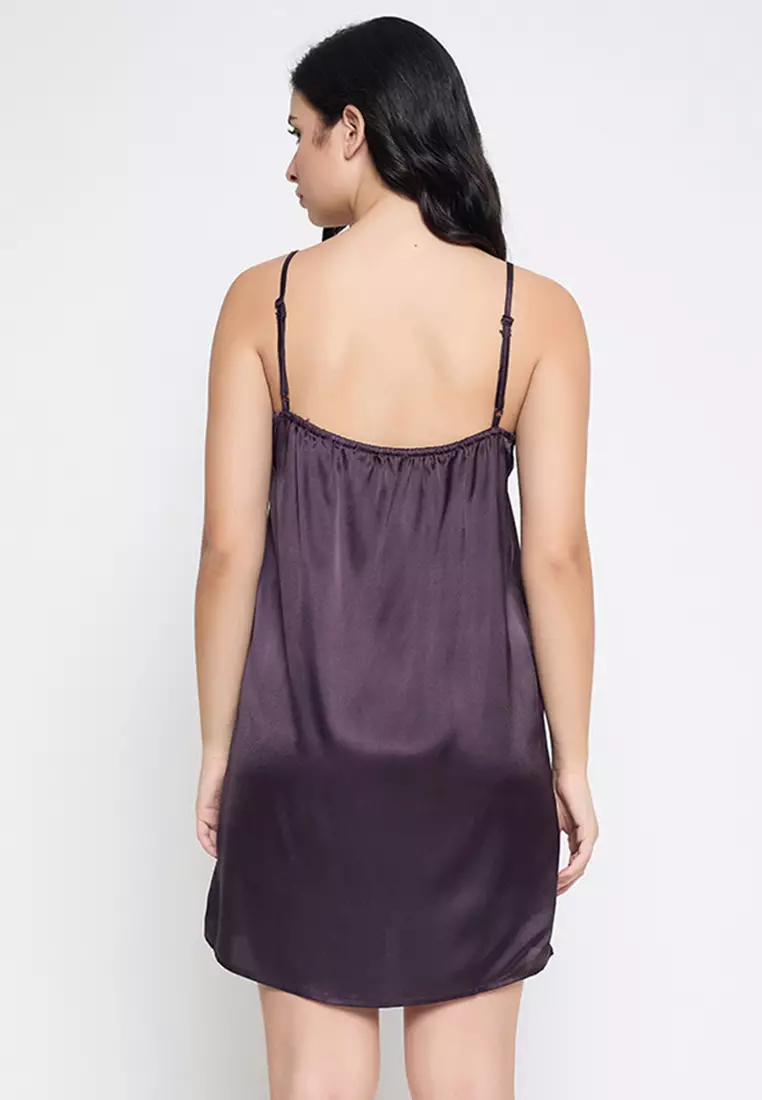 Clovia Chic Basic Short Night Dress & Floral Print Robe in Dark Purple - Satin