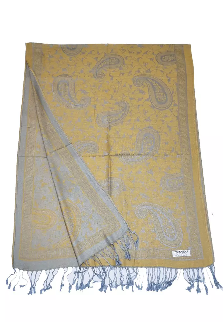 Reversible Viscose Paisley Pattern Pashmina Shawl Syal Wanita Mustard & Denim Blue