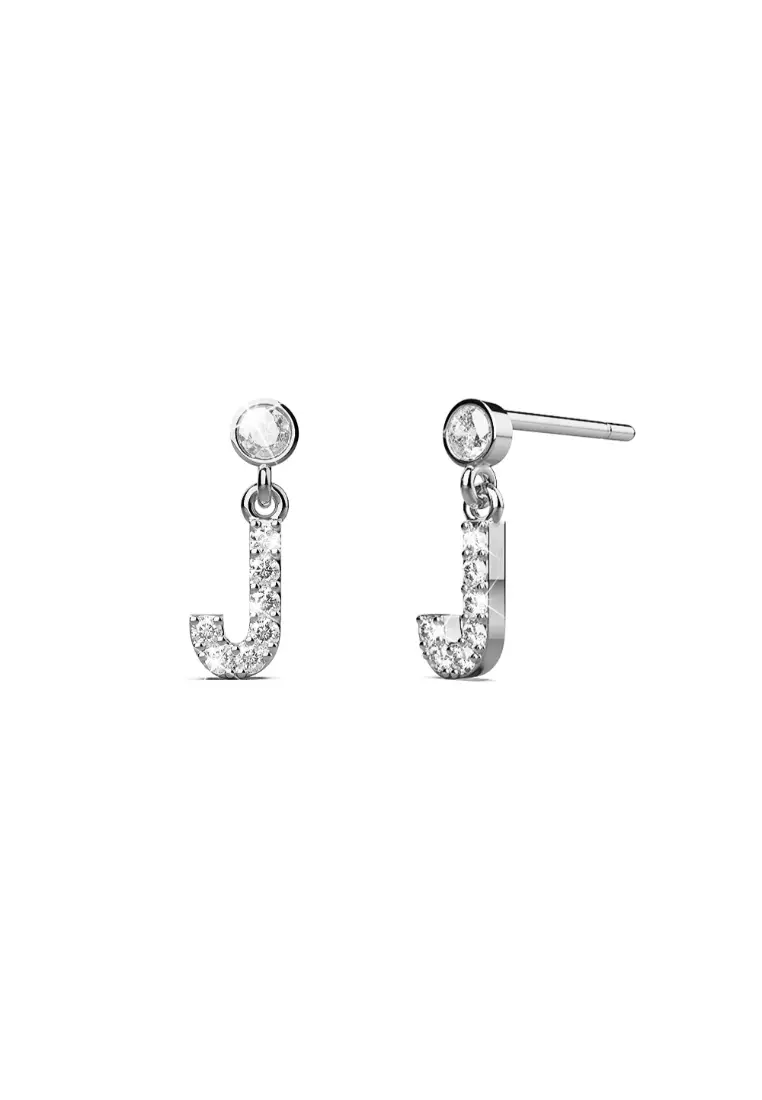 Solid 925 Sterling Silver Initial Crystal Personalised Alphabet Letter Earrings - J