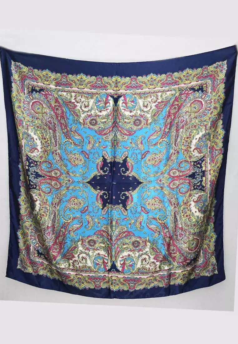 Aksesoris Wanita Syal Segi Empat Paisley Design Poly Satin SquareScarf Navy