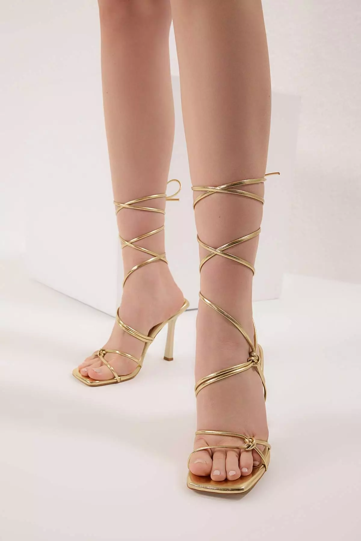 Gold Ankle Strap Detail Women Thin Heeled Sandals Takss25To00095