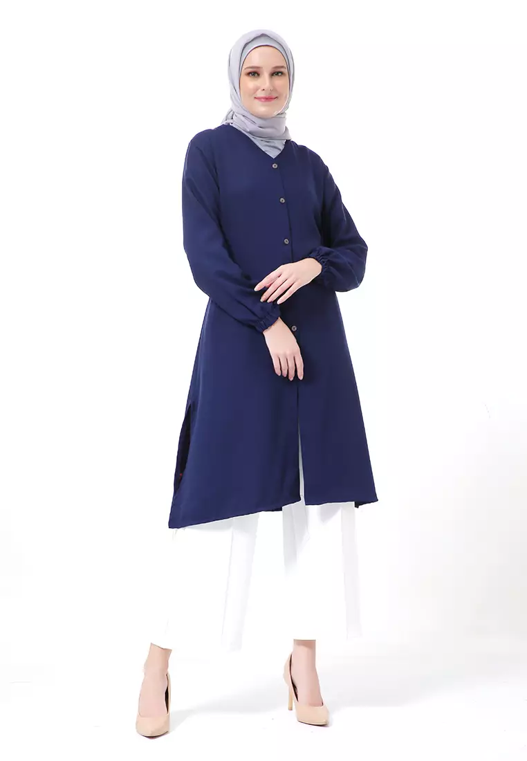 Indira Long Tunik Muslimah Atasan Wanita Long Sleeve Casual Premium Quality - Navy